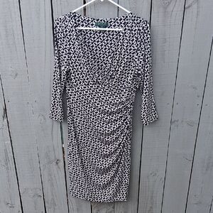 Ralph Lauren Black & White Ruched V-Neck Sheath Dress